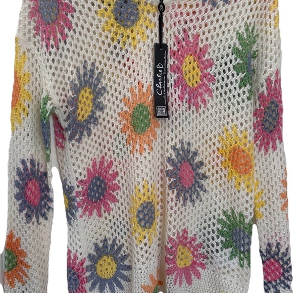 Charlie B Open Fishnet Crochet Multi-Color Daisy Hoodie Sweater-Small-Coquette - Picture 2 of 11